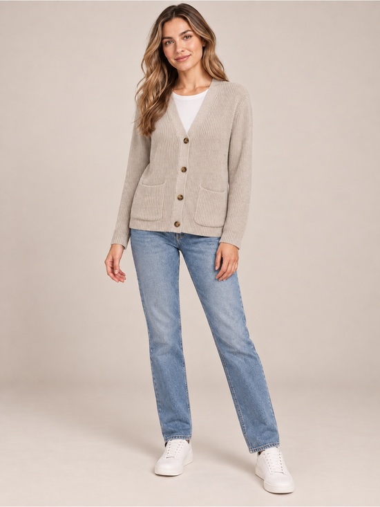 lands end Sweaters - Lands End Drifter Womens L Petite 14-16 Beige Cotton V Neck Cardigan